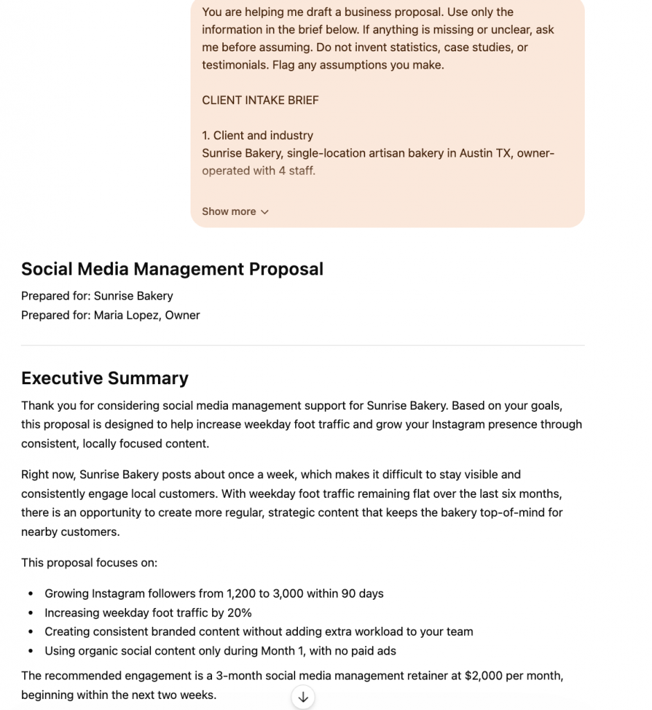 ChatGPT business proposal output with a brief